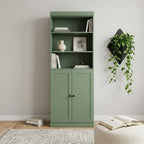 72" Green Solid Wood Adjustable Six Tier Library Bookcase with Two Doors