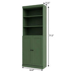 72" Green Solid Wood Adjustable Six Tier Library Bookcase with Two Doors