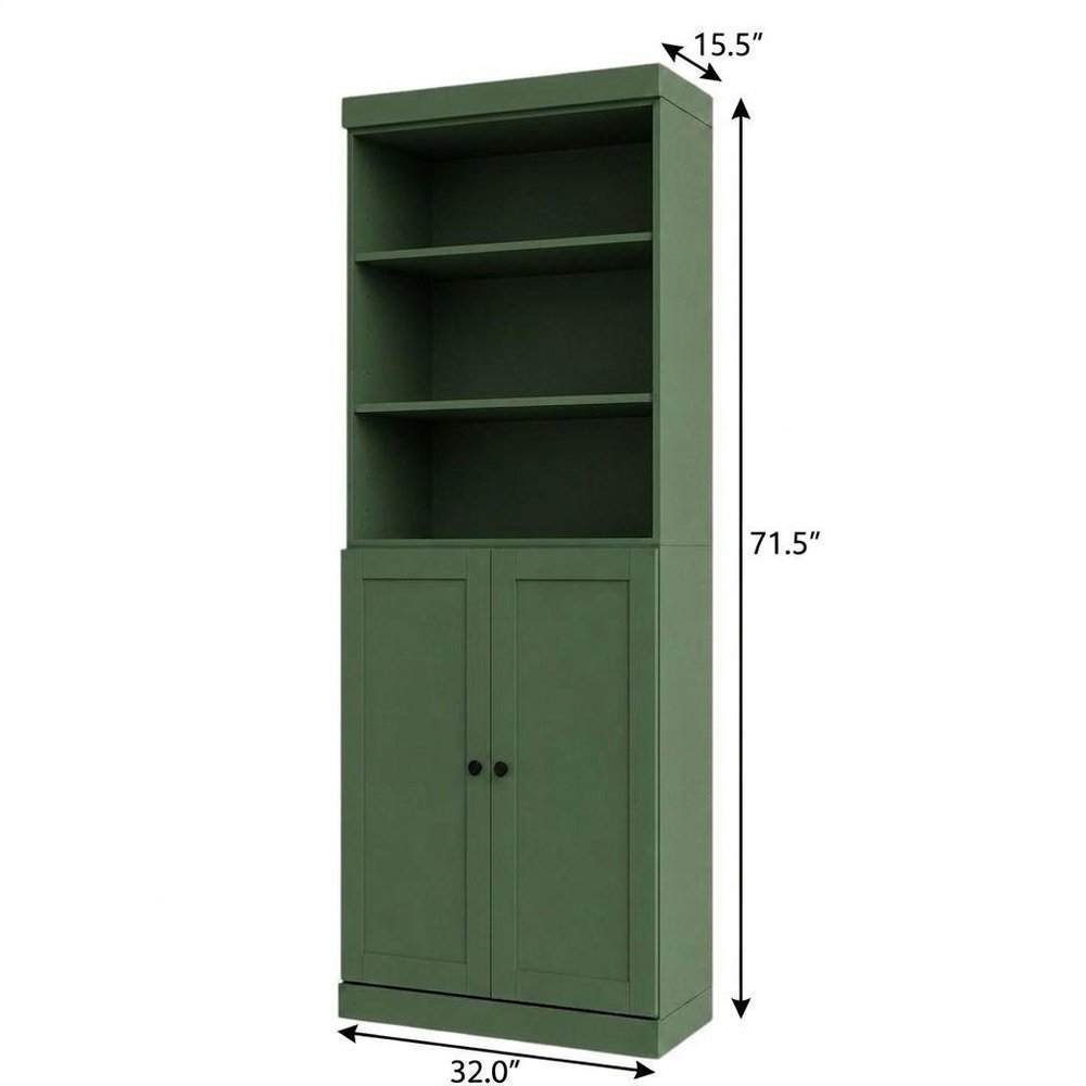72" Green Solid Wood Adjustable Six Tier Library Bookcase with Two Doors