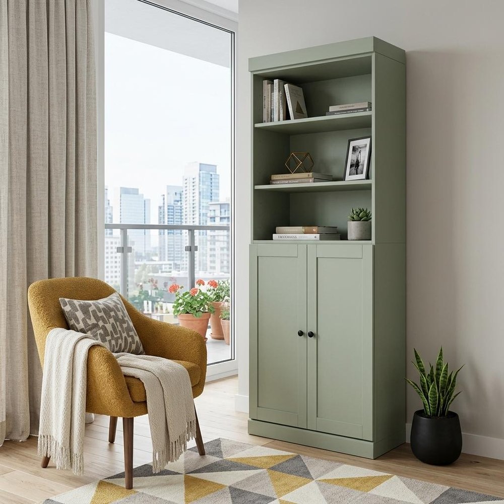 72" Sage Solid Wood Adjustable Six Tier Library Bookcase with Two Doors