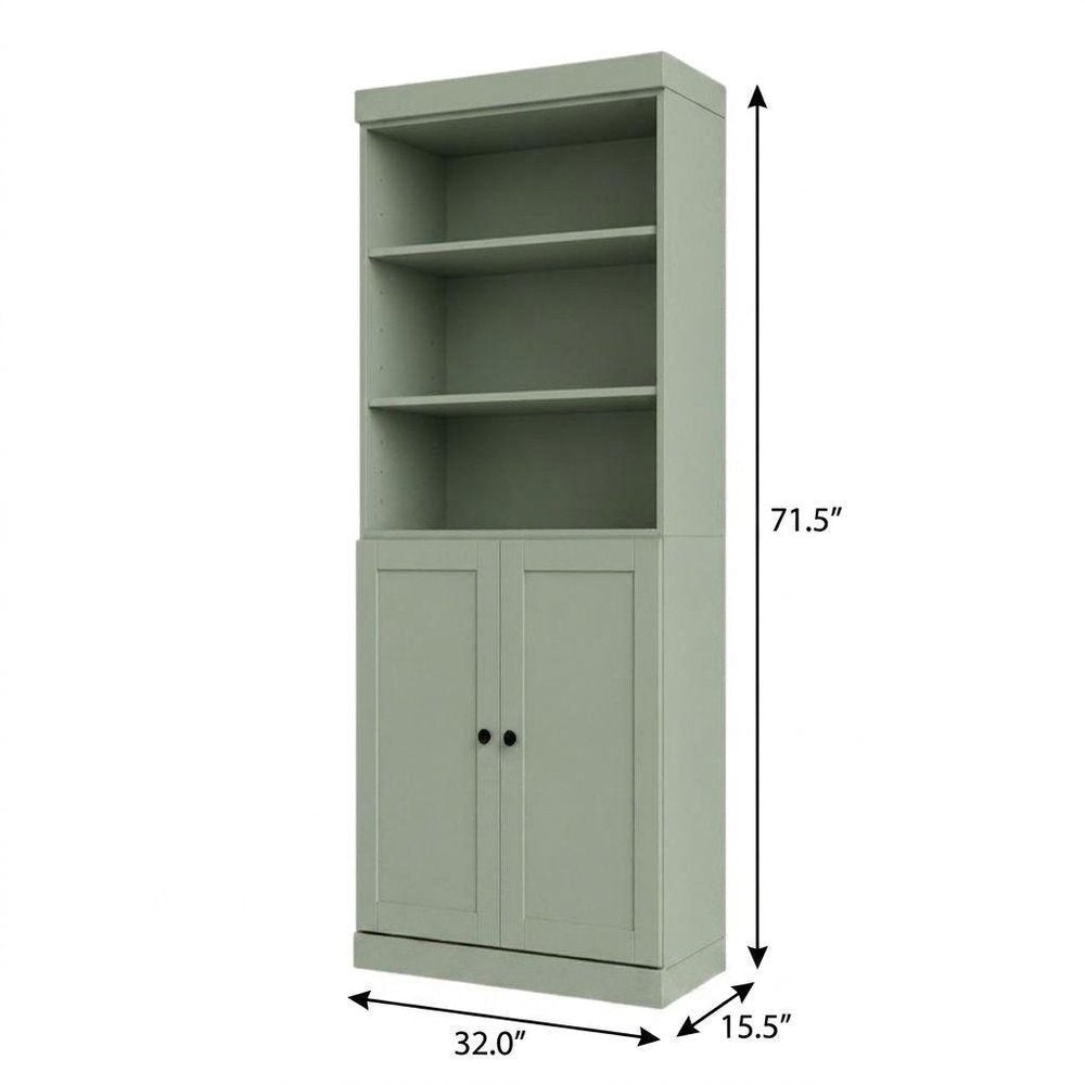 72" Sage Solid Wood Adjustable Six Tier Library Bookcase with Two Doors