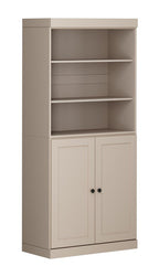 72" Beige Solid Wood Adjustable Six Tier Library Bookcase with Two Doors