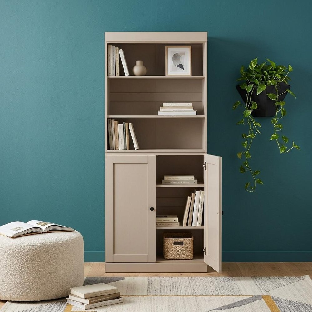 72" Beige Solid Wood Adjustable Six Tier Library Bookcase with Two Doors