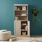 72" Beige Solid Wood Adjustable Six Tier Library Bookcase with Two Doors
