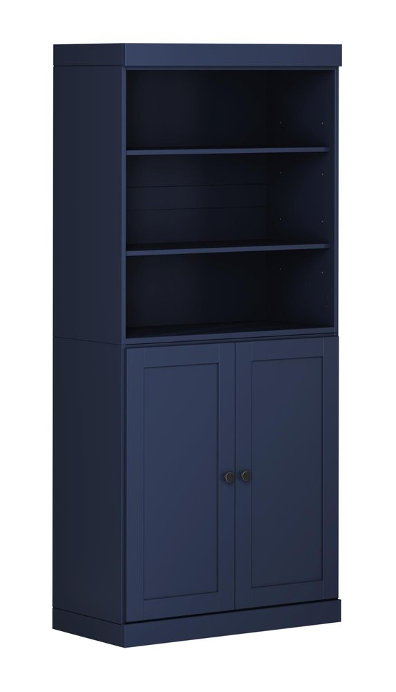 72" Navy Blue Solid Wood Adjustable Six Tier Library Bookcase with Two Doors