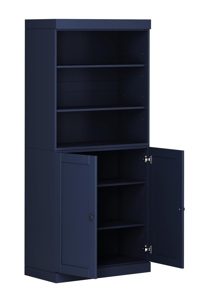 72" Navy Blue Solid Wood Adjustable Six Tier Library Bookcase with Two Doors