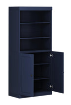 72" Navy Blue Solid Wood Adjustable Six Tier Library Bookcase with Two Doors