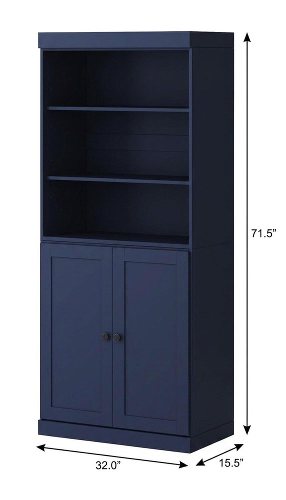 72" Navy Blue Solid Wood Adjustable Six Tier Library Bookcase with Two Doors