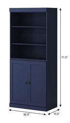 72" Navy Blue Solid Wood Adjustable Six Tier Library Bookcase with Two Doors
