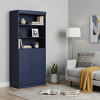 72" Navy Blue Solid Wood Adjustable Six Tier Library Bookcase with Two Doors