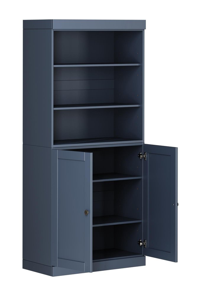 72" French Blue Solid Wood Adjustable Six Tier Library Bookcase with Two Doors