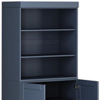 72" French Blue Solid Wood Adjustable Six Tier Library Bookcase with Two Doors