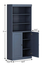 72" French Blue Solid Wood Adjustable Six Tier Library Bookcase with Two Doors