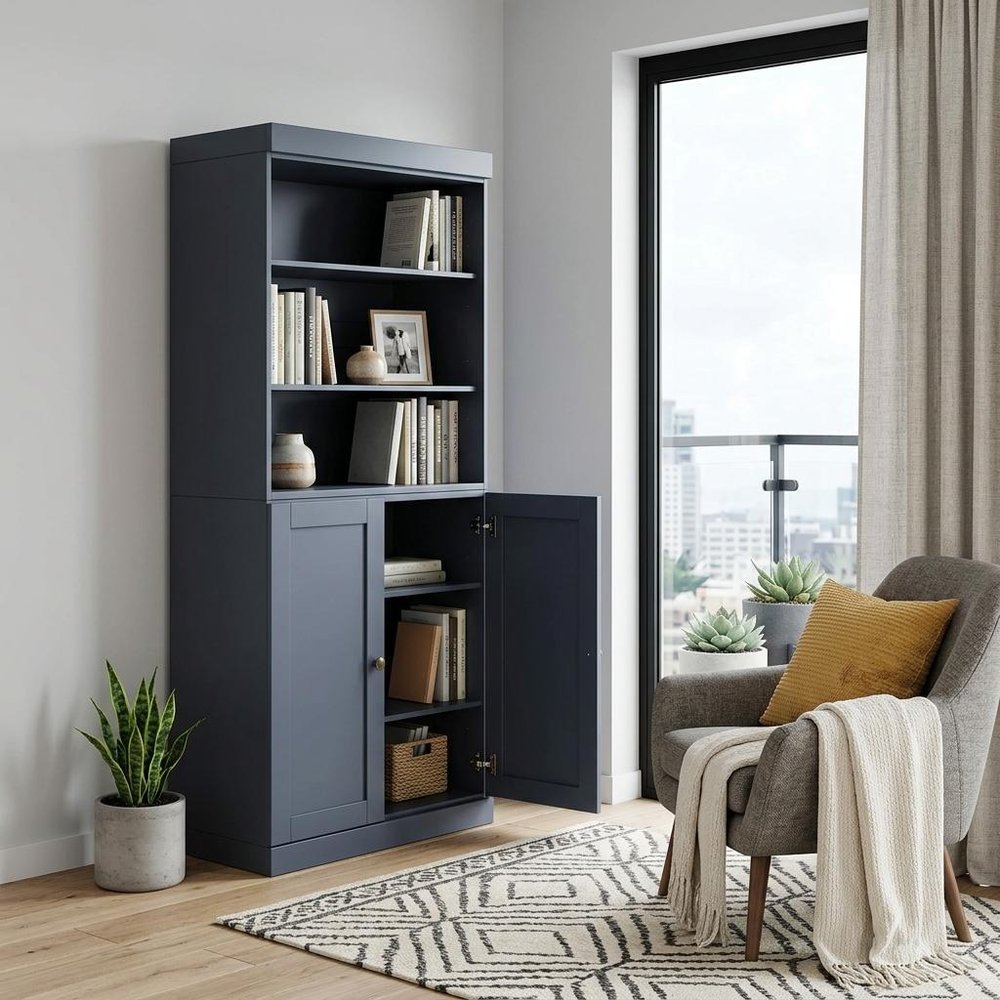 72" French Blue Solid Wood Adjustable Six Tier Library Bookcase with Two Doors