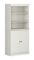 72" Off White Solid Wood Adjustable Six Tier Library Bookcase with Two Doors