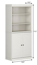 72" Off White Solid Wood Adjustable Six Tier Library Bookcase with Two Doors