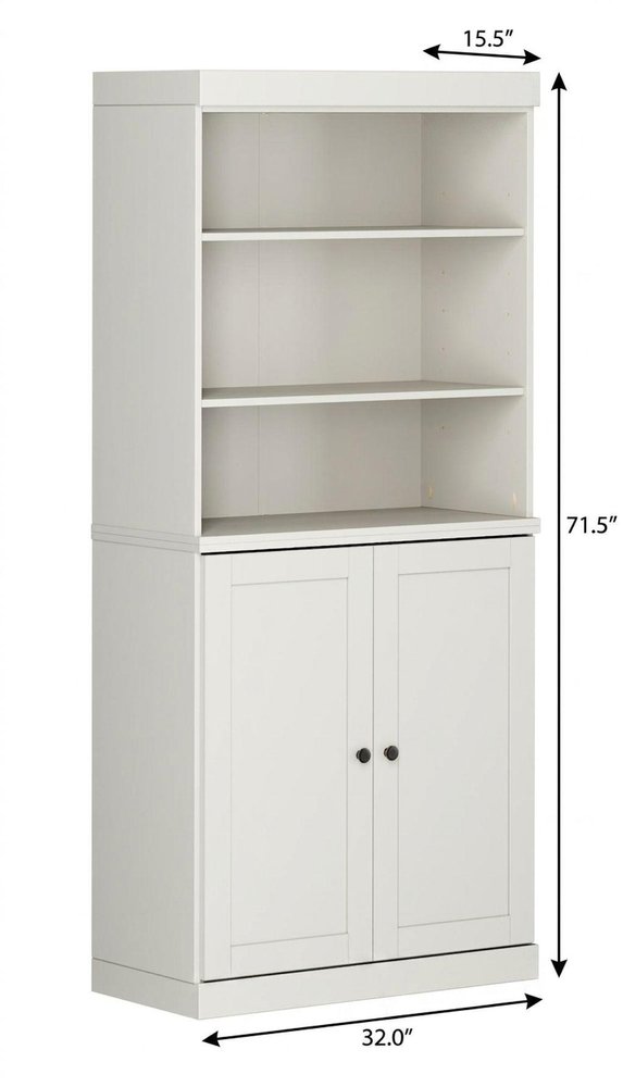 72" Off White Solid Wood Adjustable Six Tier Library Bookcase with Two Doors