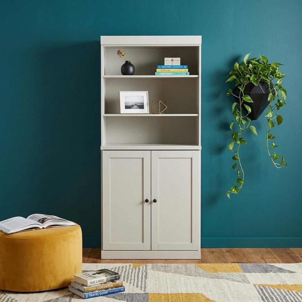 72" Off White Solid Wood Adjustable Six Tier Library Bookcase with Two Doors