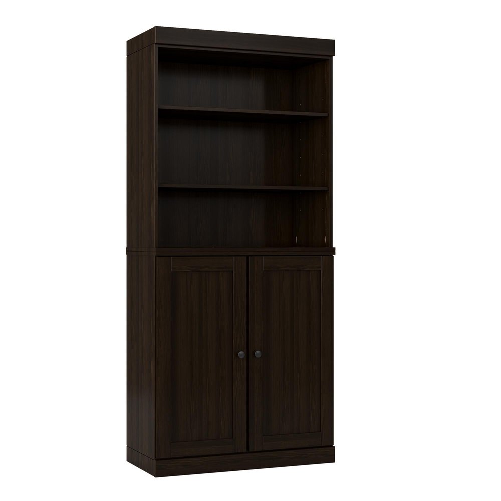 72" Espresso Solid Wood Adjustable Six Tier Library Bookcase with Two Doors