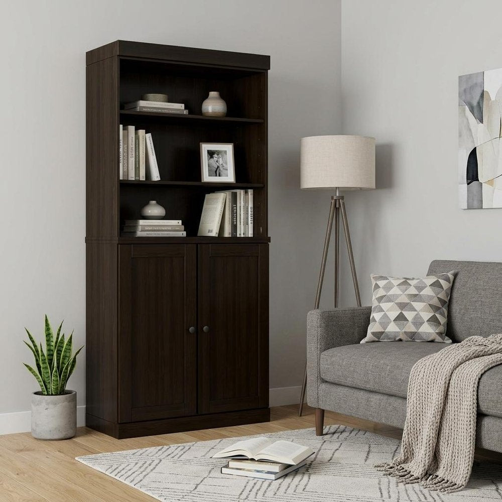 72" Espresso Solid Wood Adjustable Six Tier Library Bookcase with Two Doors
