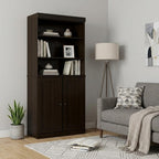 72" Espresso Solid Wood Adjustable Six Tier Library Bookcase with Two Doors