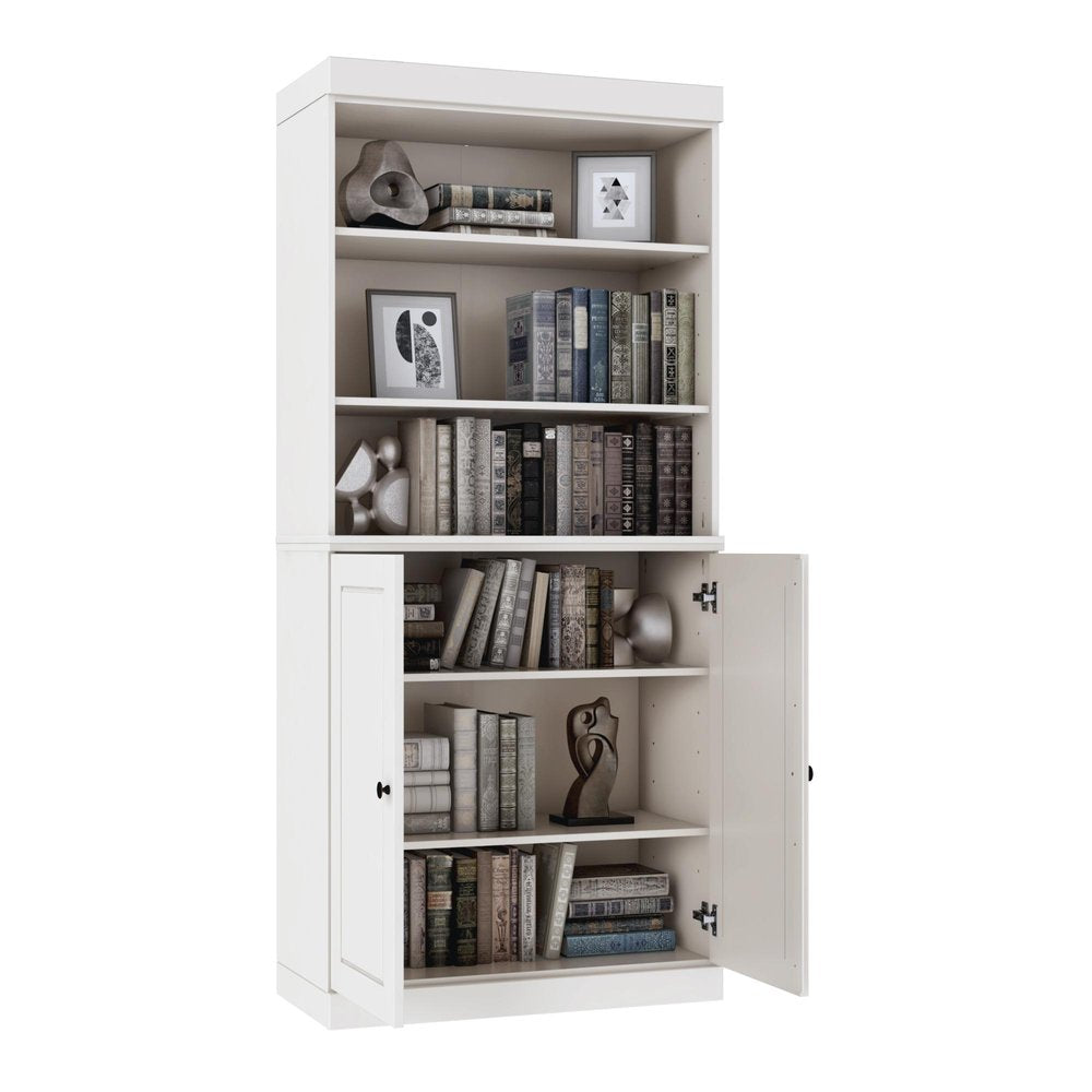 72" White Solid Wood Adjustable Six Tier Library Bookcase with Two Doors