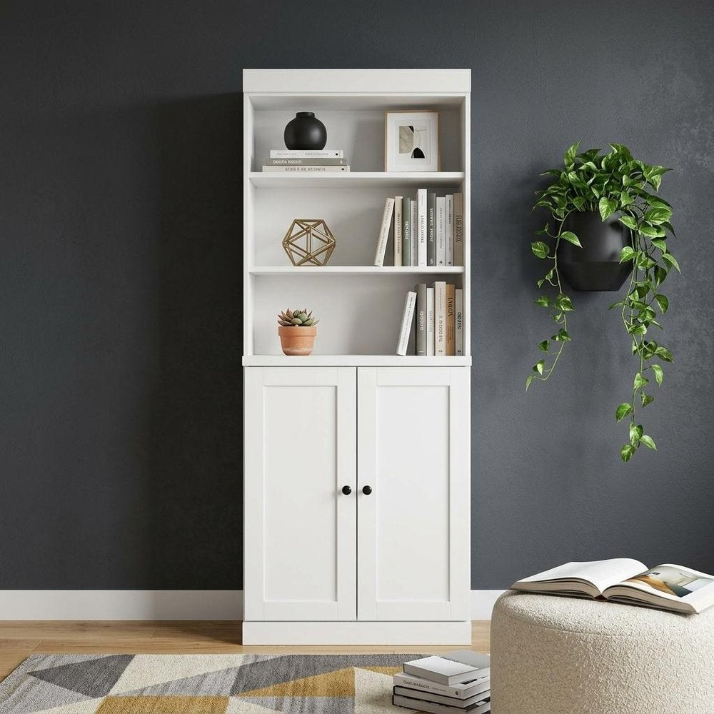 72" White Solid Wood Adjustable Six Tier Library Bookcase with Two Doors