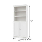 72" White Solid Wood Adjustable Six Tier Library Bookcase with Two Doors