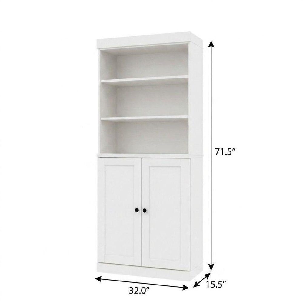 72" White Solid Wood Adjustable Six Tier Library Bookcase with Two Doors