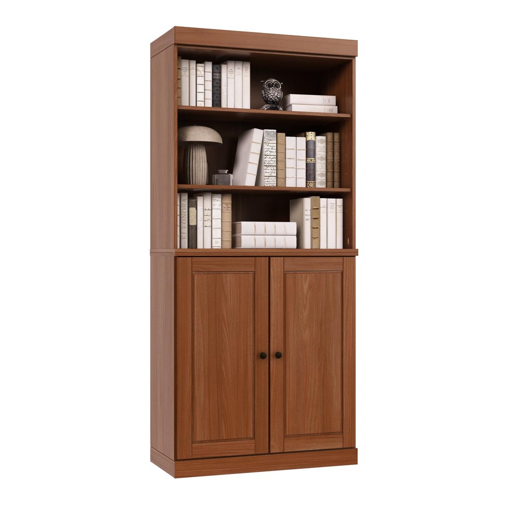 72" Coffee Solid Wood Adjustable Six Tier Library Bookcase with Two Doors