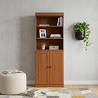 72" Coffee Solid Wood Adjustable Six Tier Library Bookcase with Two Doors