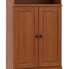 72" Coffee Solid Wood Adjustable Six Tier Library Bookcase with Two Doors