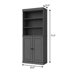 72" Gray Solid Wood Adjustable Six Tier Library Bookcase with Two Doors