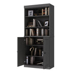 72" Gray Solid Wood Adjustable Six Tier Library Bookcase with Two Doors