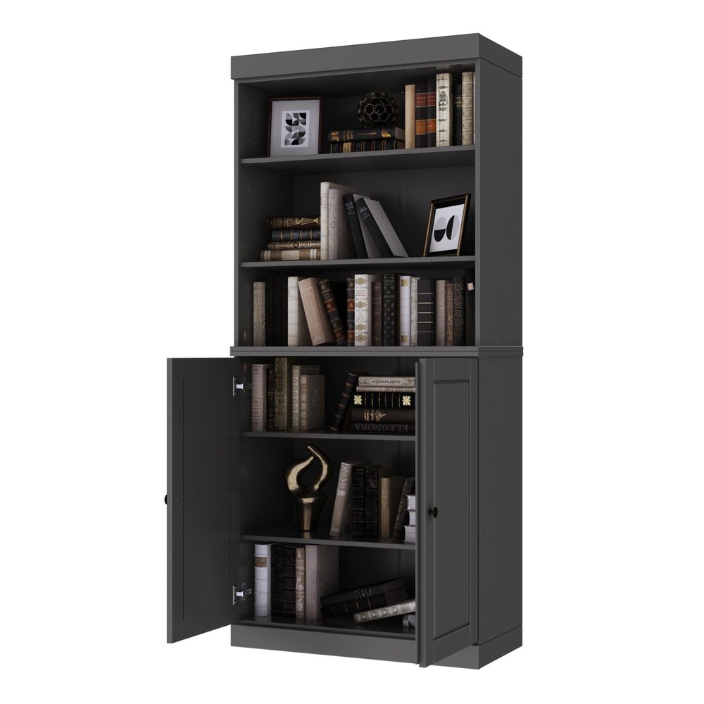 72" Gray Solid Wood Adjustable Six Tier Library Bookcase with Two Doors