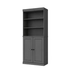 72" Gray Solid Wood Adjustable Six Tier Library Bookcase with Two Doors
