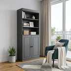 72" Gray Solid Wood Adjustable Six Tier Library Bookcase with Two Doors