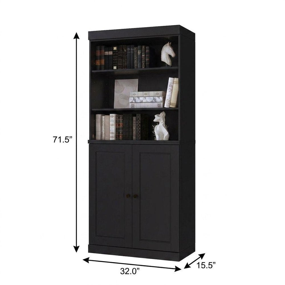 72" Black Solid Wood Adjustable Six Tier Library Bookcase with Two Doors