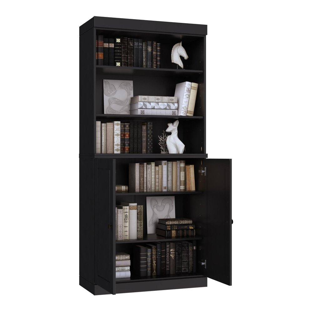 72" Black Solid Wood Adjustable Six Tier Library Bookcase with Two Doors