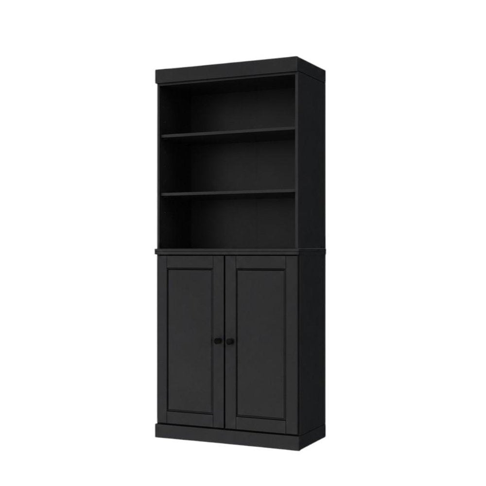 72" Black Solid Wood Adjustable Six Tier Library Bookcase with Two Doors