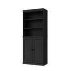 72" Black Solid Wood Adjustable Six Tier Library Bookcase with Two Doors