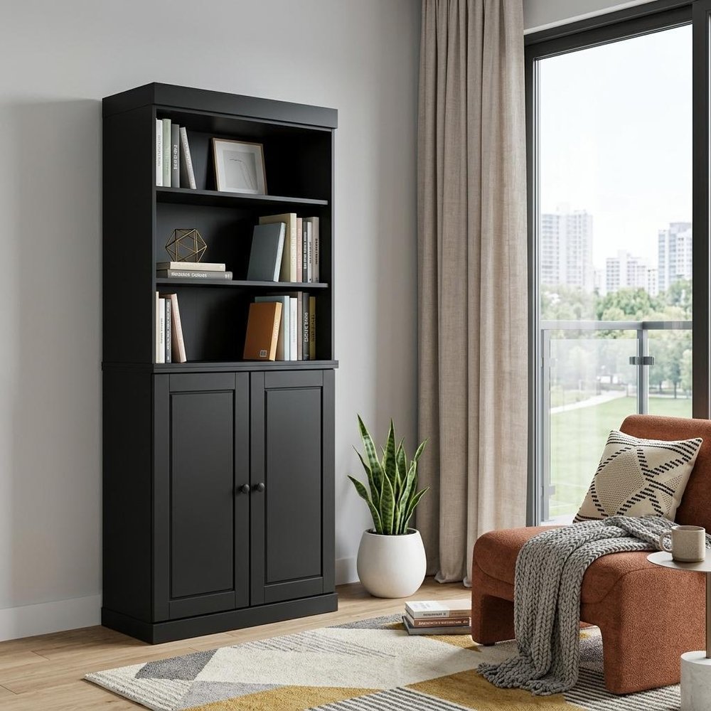 72" Black Solid Wood Adjustable Six Tier Library Bookcase with Two Doors