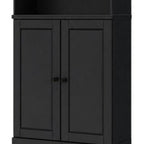 72" Black Solid Wood Adjustable Six Tier Library Bookcase with Two Doors