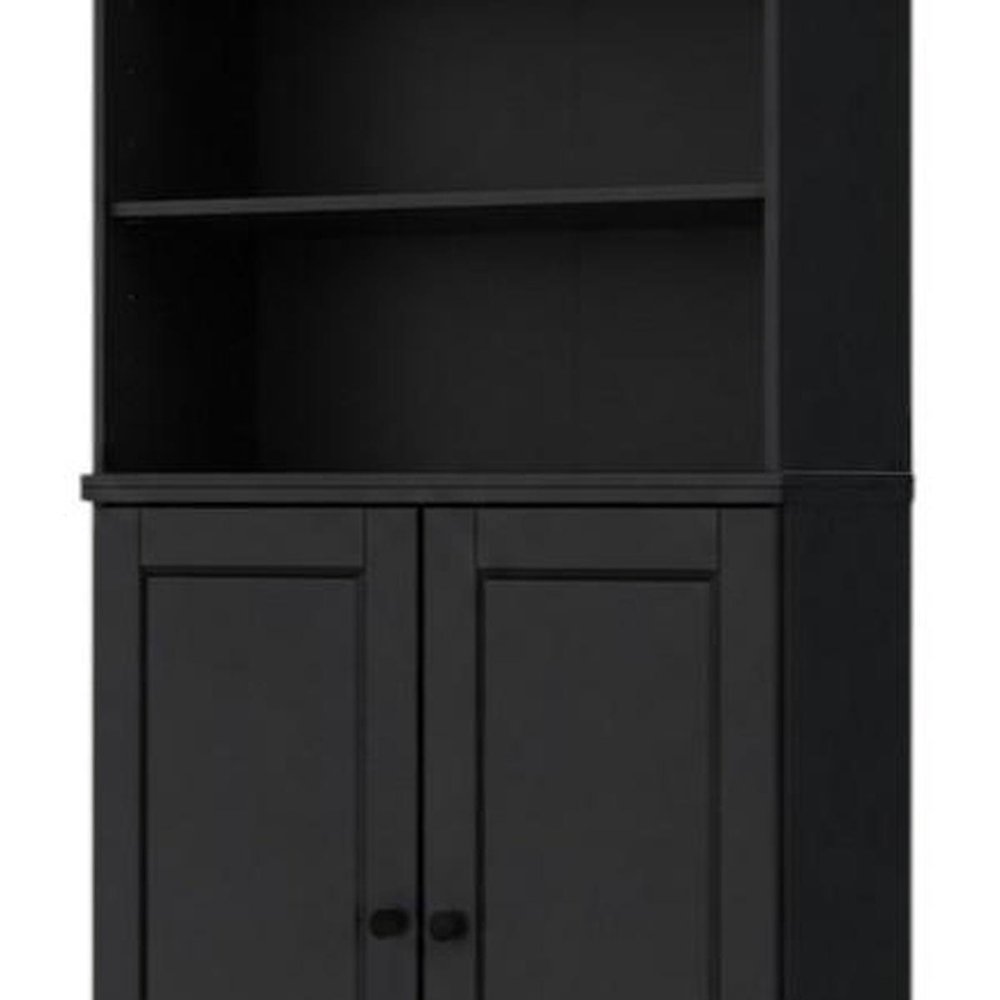 72" Black Solid Wood Adjustable Six Tier Library Bookcase with Two Doors