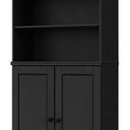 72" Black Solid Wood Adjustable Six Tier Library Bookcase with Two Doors