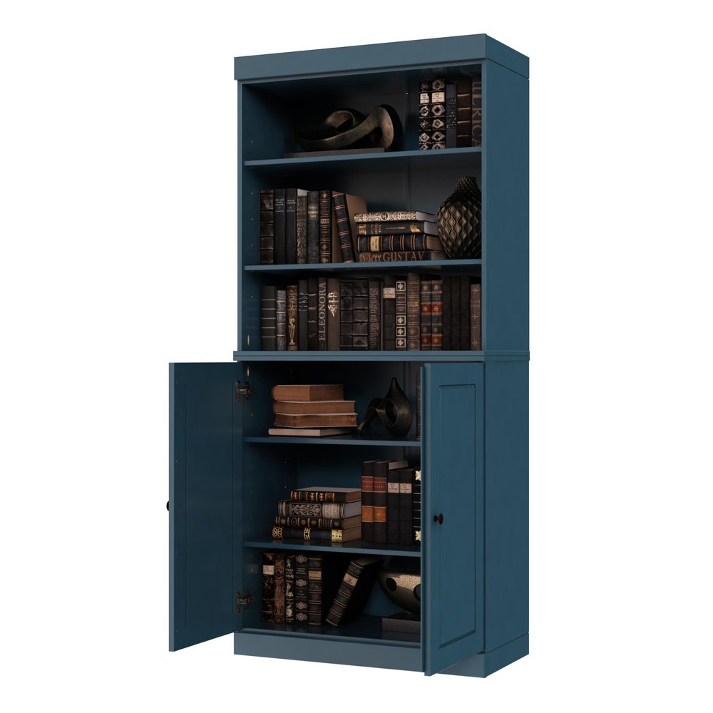72" Teal Blue Solid Wood Adjustable Six Tier Library Bookcase with Two Doors