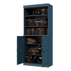 72" Teal Blue Solid Wood Adjustable Six Tier Library Bookcase with Two Doors