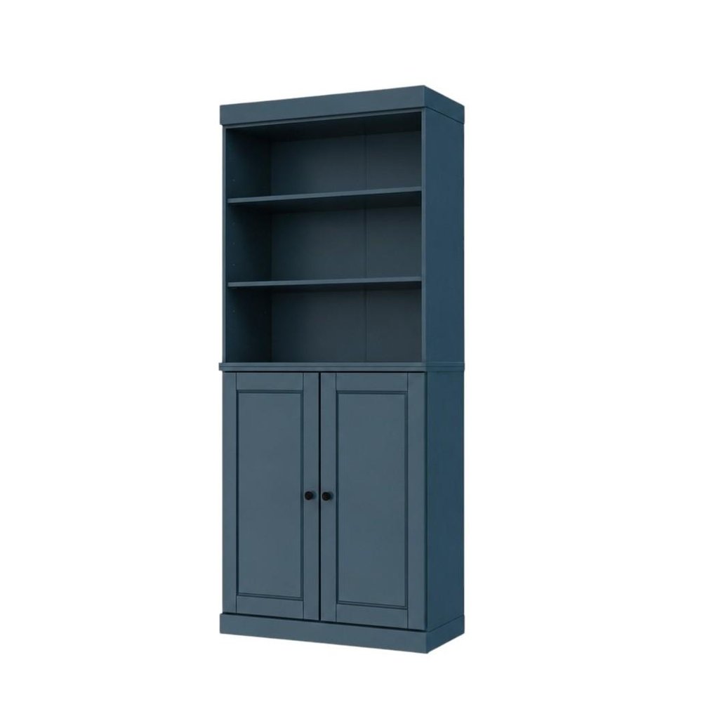 72" Teal Blue Solid Wood Adjustable Six Tier Library Bookcase with Two Doors