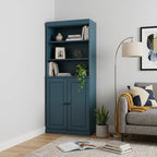 72" Teal Blue Solid Wood Adjustable Six Tier Library Bookcase with Two Doors