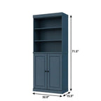 72" Teal Blue Solid Wood Adjustable Six Tier Library Bookcase with Two Doors